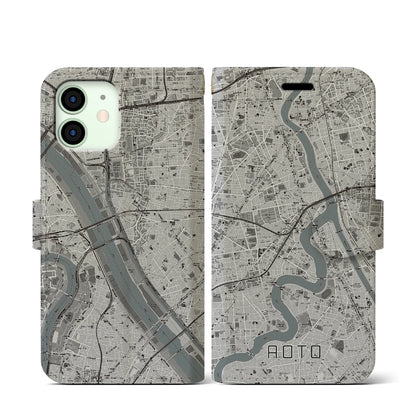 【青砥（東京都）】地図柄iPhoneケース（手帳タイプ）モノトーン・iPhone 12 mini 用