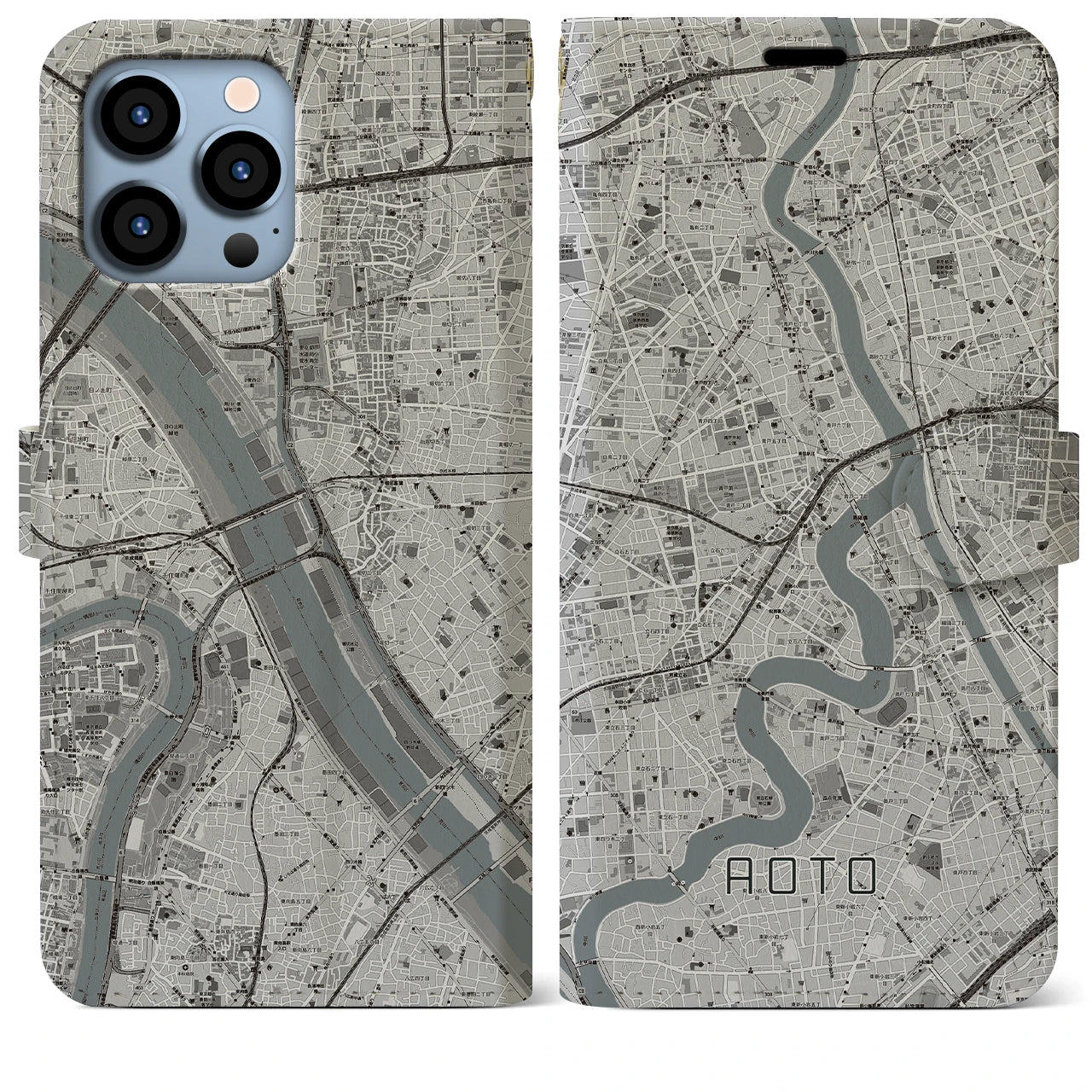 【青砥】地図柄iPhoneケース（手帳両面タイプ・モノトーン）iPhone 13 Pro Max 用
