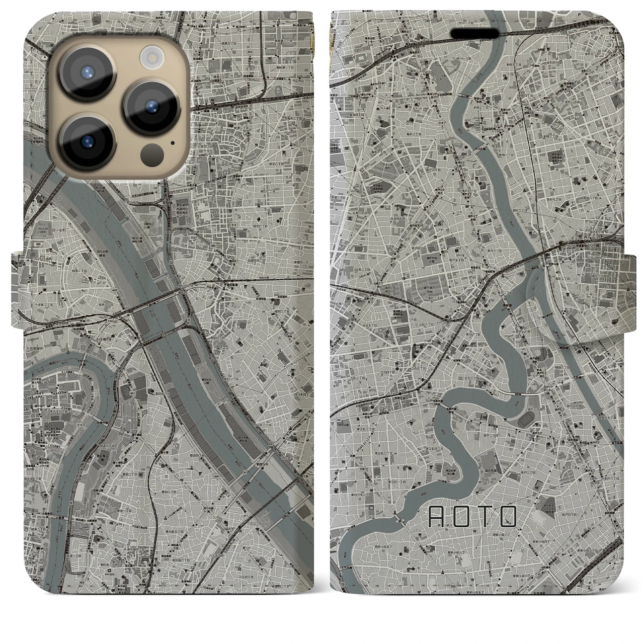 【青砥】地図柄iPhoneケース（手帳両面タイプ・モノトーン）iPhone 14 Pro Max 用