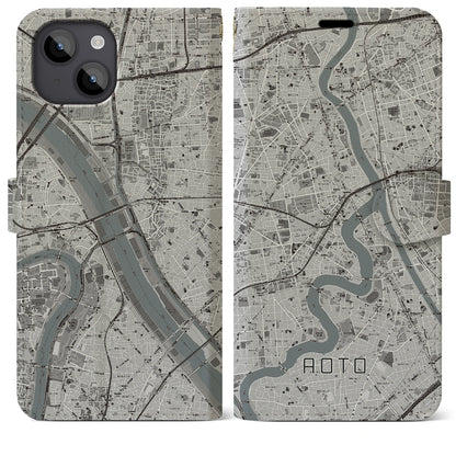 【青砥（東京都）】地図柄iPhoneケース（手帳タイプ）モノトーン・iPhone 14 Plus 用