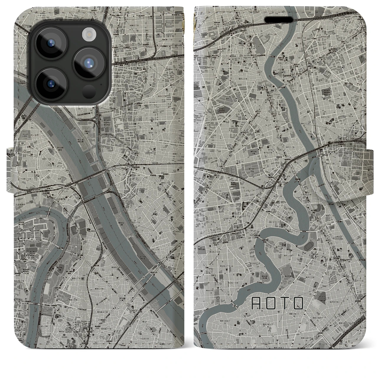 【青砥】地図柄iPhoneケース（手帳両面タイプ・モノトーン）iPhone 15 Pro Max 用