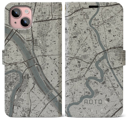 【青砥（東京都）】地図柄iPhoneケース（手帳タイプ）モノトーン・iPhone 15 Plus 用