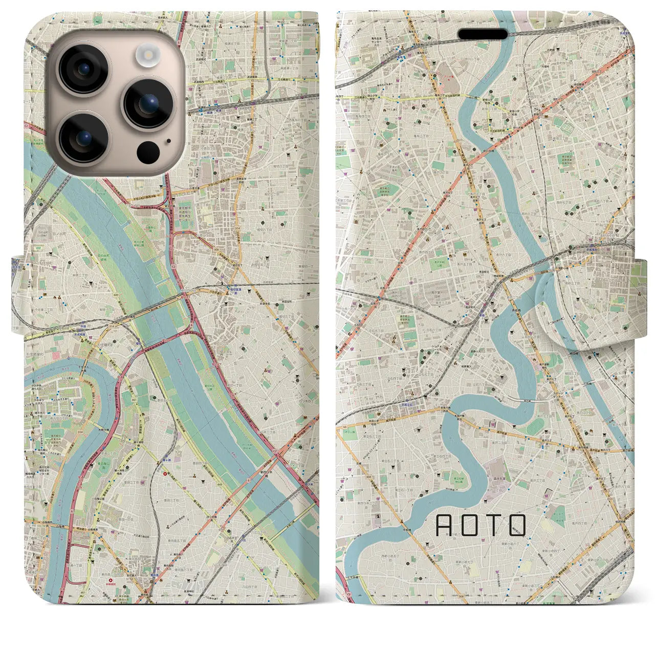 【青砥（東京都）】地図柄iPhoneケース（手帳タイプ）ナチュラル・iPhone 16 Plus 用