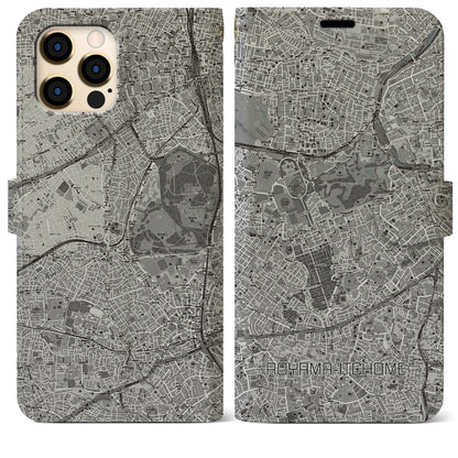 【青山一丁目（東京都）】地図柄iPhoneケース（手帳タイプ）モノトーン・iPhone 12 Pro Max 用