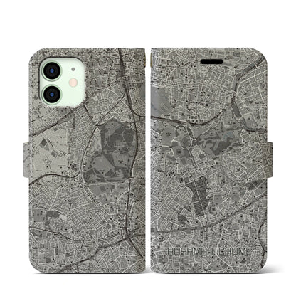 【青山一丁目（東京都）】地図柄iPhoneケース（手帳タイプ）モノトーン・iPhone 12 mini 用