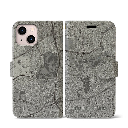 【青山一丁目（東京都）】地図柄iPhoneケース（手帳タイプ）モノトーン・iPhone 13 mini 用