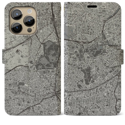 【青山一丁目（東京都）】地図柄iPhoneケース（手帳タイプ）モノトーン・iPhone 14 Pro Max 用