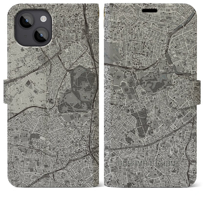 【青山一丁目（東京都）】地図柄iPhoneケース（手帳タイプ）モノトーン・iPhone 14 Plus 用