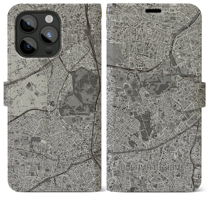 【青山一丁目（東京都）】地図柄iPhoneケース（手帳タイプ）モノトーン・iPhone 15 Pro Max 用