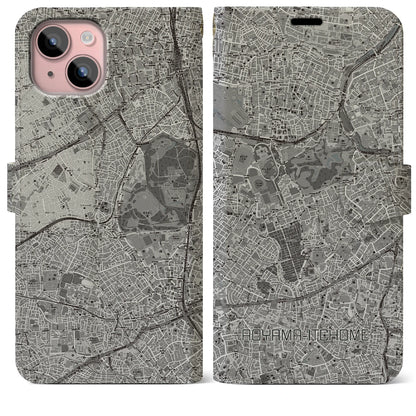 【青山一丁目（東京都）】地図柄iPhoneケース（手帳タイプ）モノトーン・iPhone 15 Plus 用