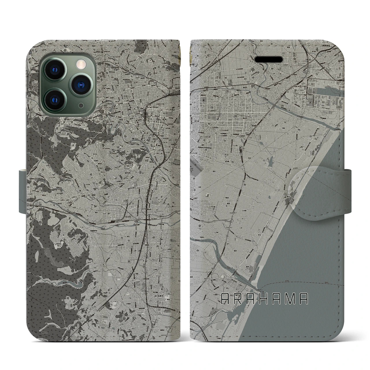 【荒浜】地図柄iPhoneケース（手帳両面タイプ・モノトーン）iPhone 11 Pro 用