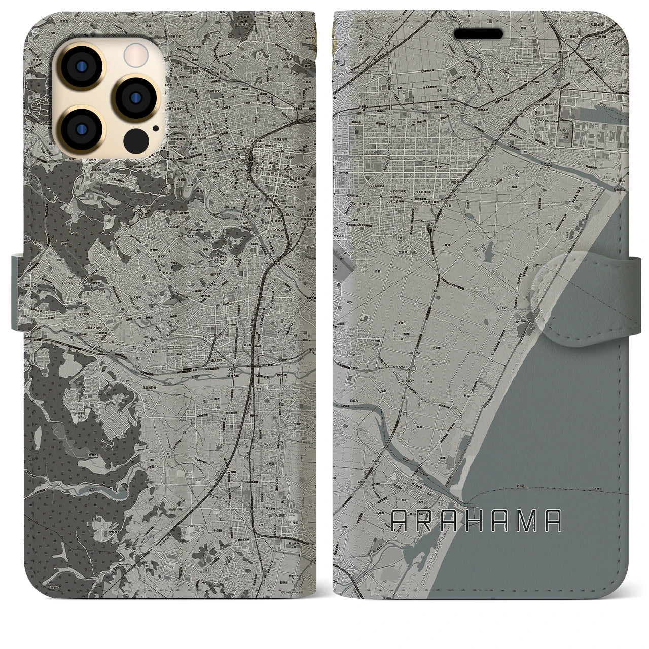 【荒浜】地図柄iPhoneケース（手帳両面タイプ・モノトーン）iPhone 12 Pro Max 用