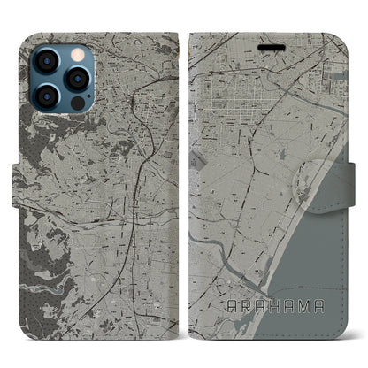 【荒浜（宮城県）】地図柄iPhoneケース（手帳タイプ）モノトーン・iPhone 12 / 12 Pro 用