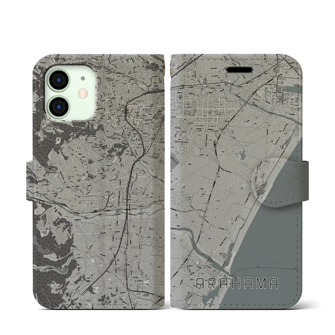【荒浜】地図柄iPhoneケース（手帳両面タイプ・モノトーン）iPhone 12 mini 用