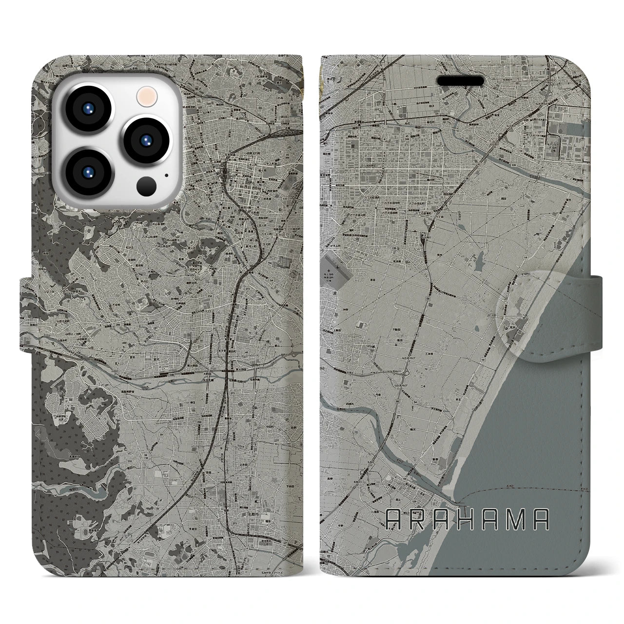 【荒浜】地図柄iPhoneケース（手帳両面タイプ・モノトーン）iPhone 13 Pro 用