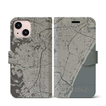 【荒浜（宮城県）】地図柄iPhoneケース（手帳タイプ）モノトーン・iPhone 13 mini 用