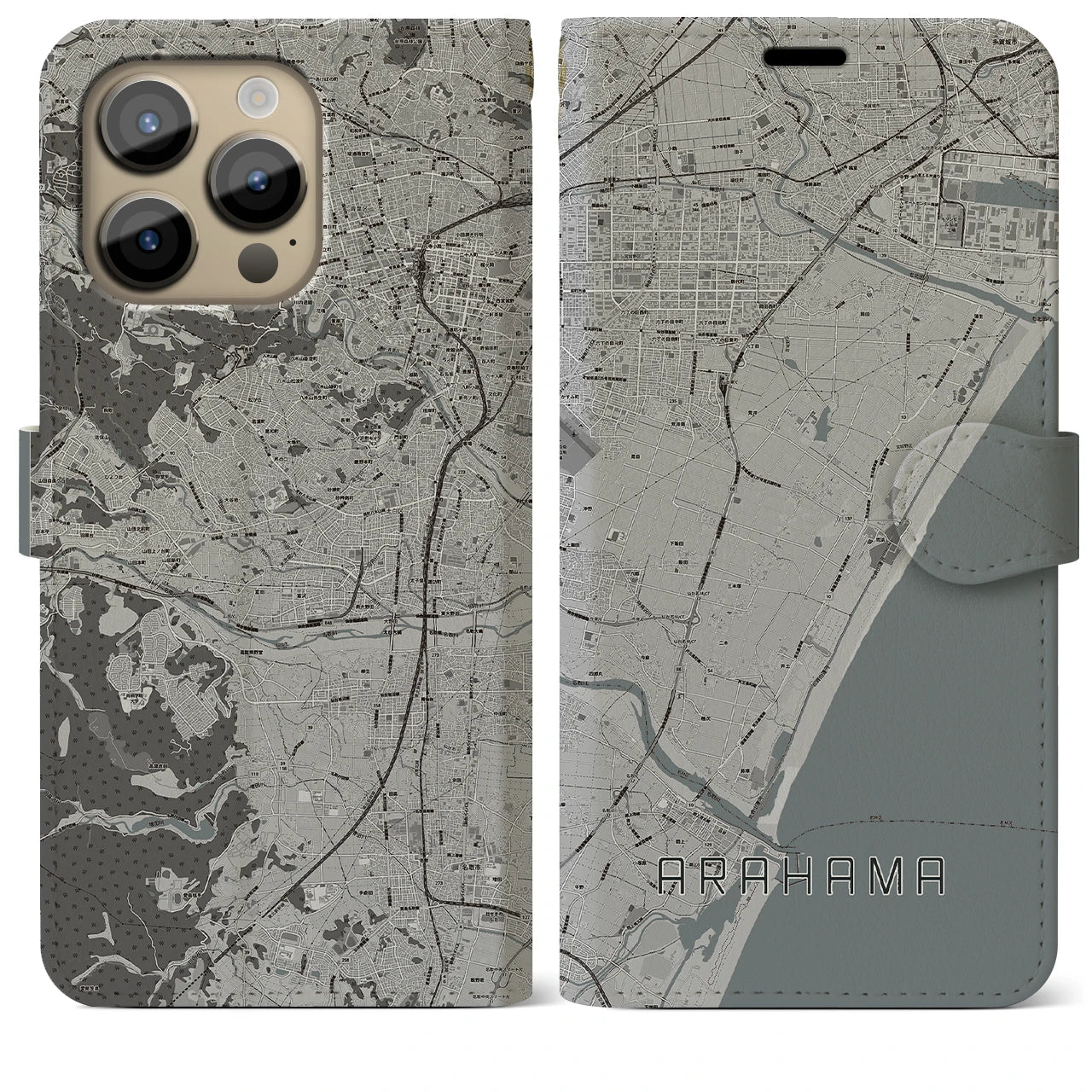 【荒浜】地図柄iPhoneケース（手帳両面タイプ・モノトーン）iPhone 14 Pro Max 用