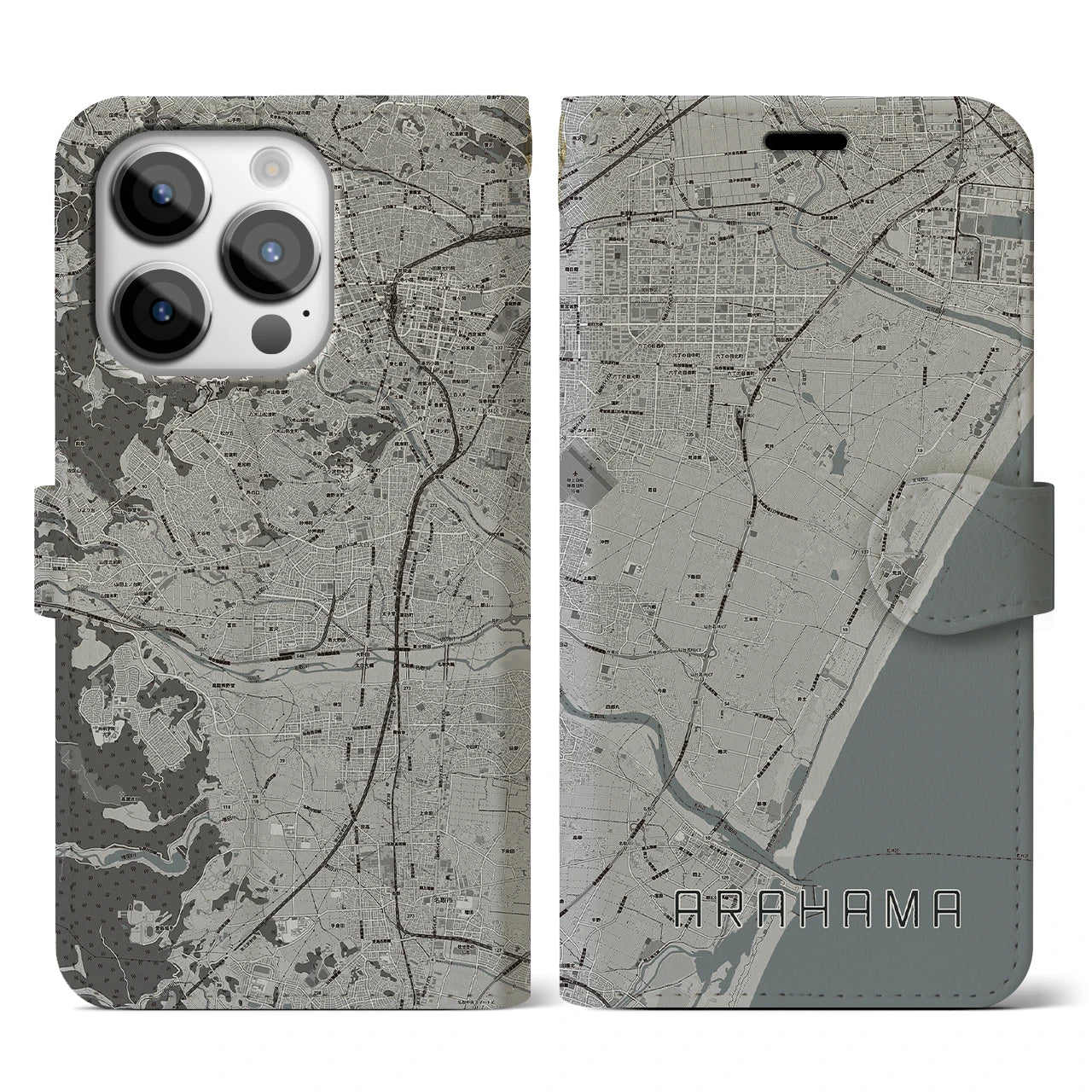 【荒浜】地図柄iPhoneケース（手帳両面タイプ・モノトーン）iPhone 14 Pro 用