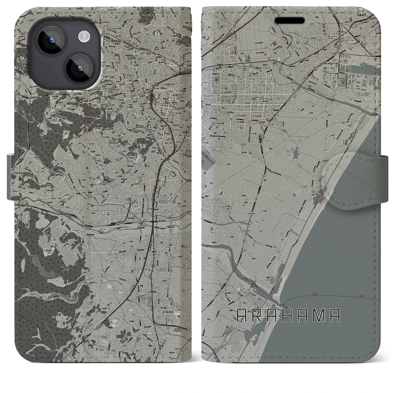 【荒浜】地図柄iPhoneケース（手帳両面タイプ・モノトーン）iPhone 14 Plus 用