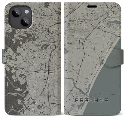 【荒浜（宮城県）】地図柄iPhoneケース（手帳タイプ）モノトーン・iPhone 14 Plus 用