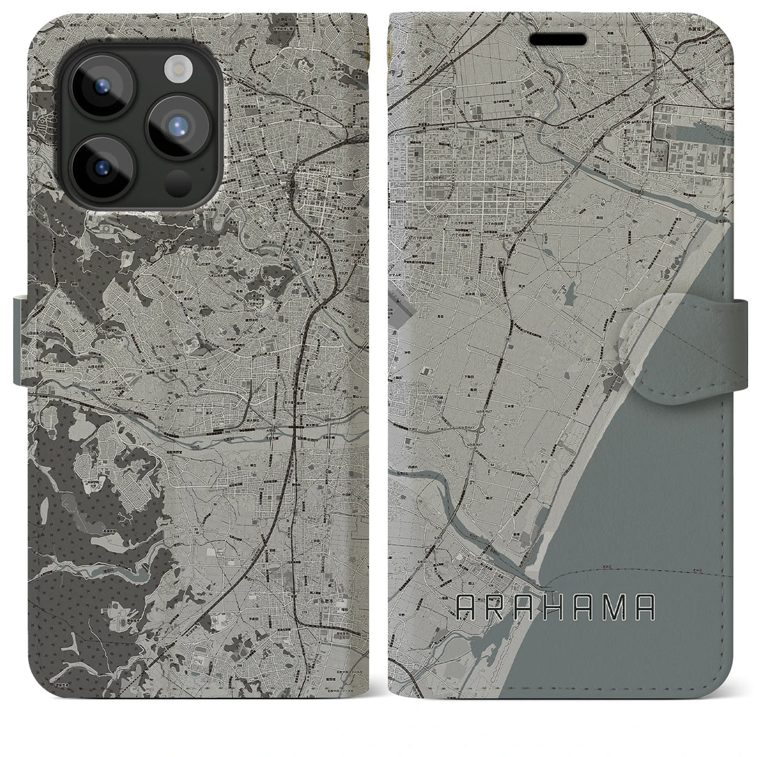 【荒浜】地図柄iPhoneケース（手帳両面タイプ・モノトーン）iPhone 15 Pro Max 用