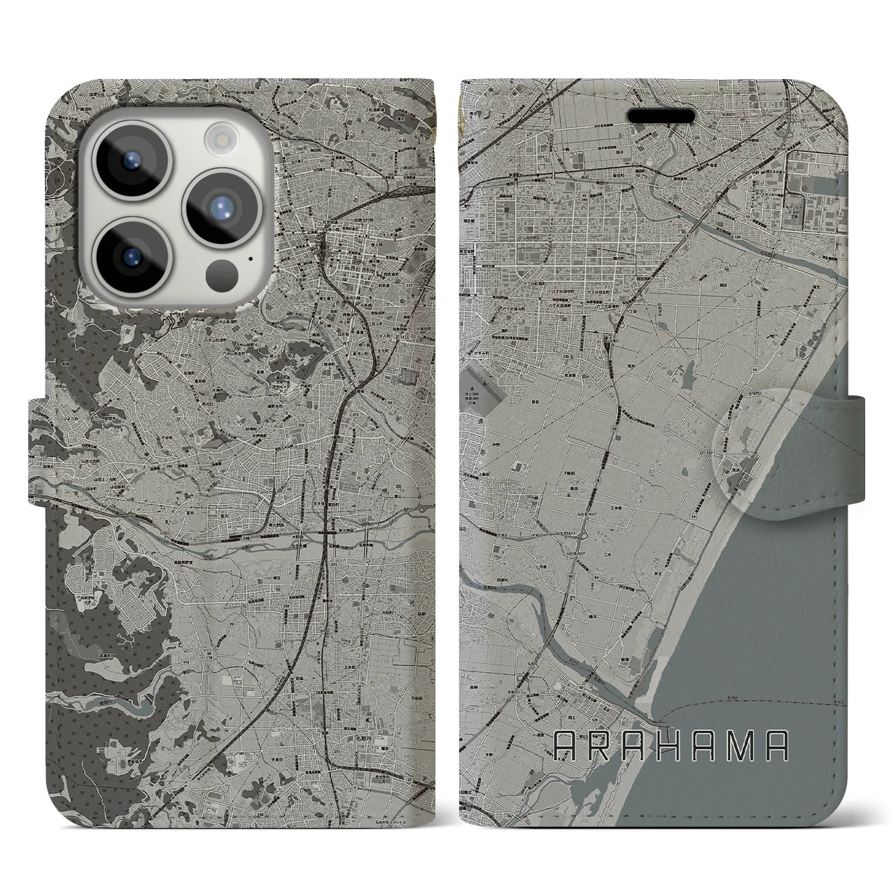 【荒浜】地図柄iPhoneケース（手帳両面タイプ・モノトーン）iPhone 15 Pro 用