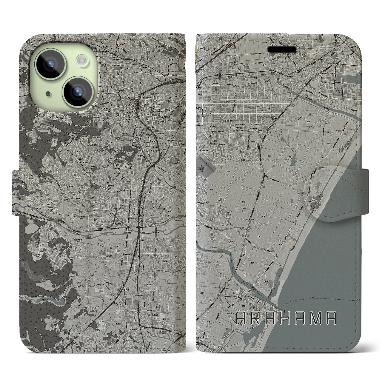 【荒浜】地図柄iPhoneケース（手帳両面タイプ・モノトーン）iPhone 15 用