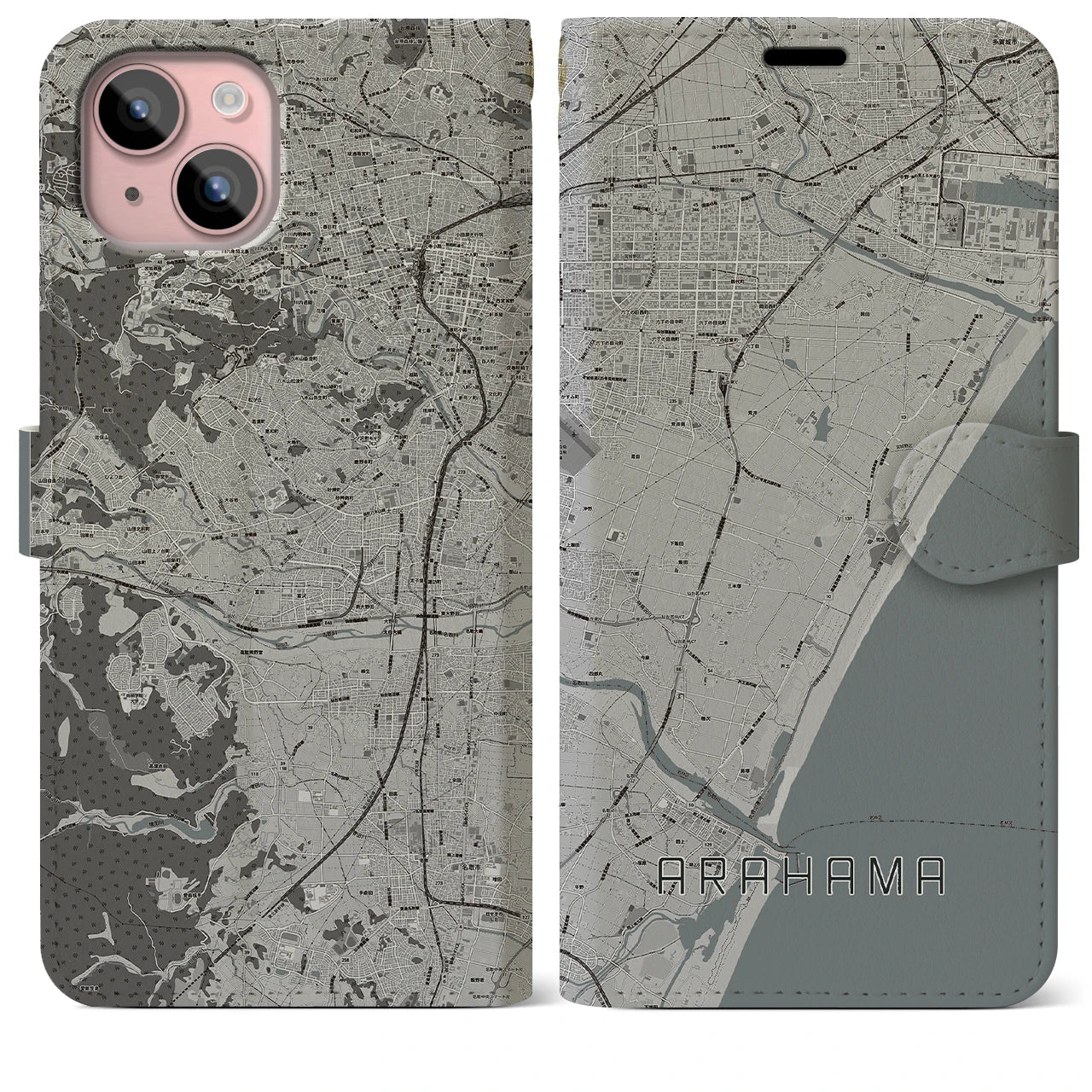 【荒浜】地図柄iPhoneケース（手帳両面タイプ・モノトーン）iPhone 15 Plus 用