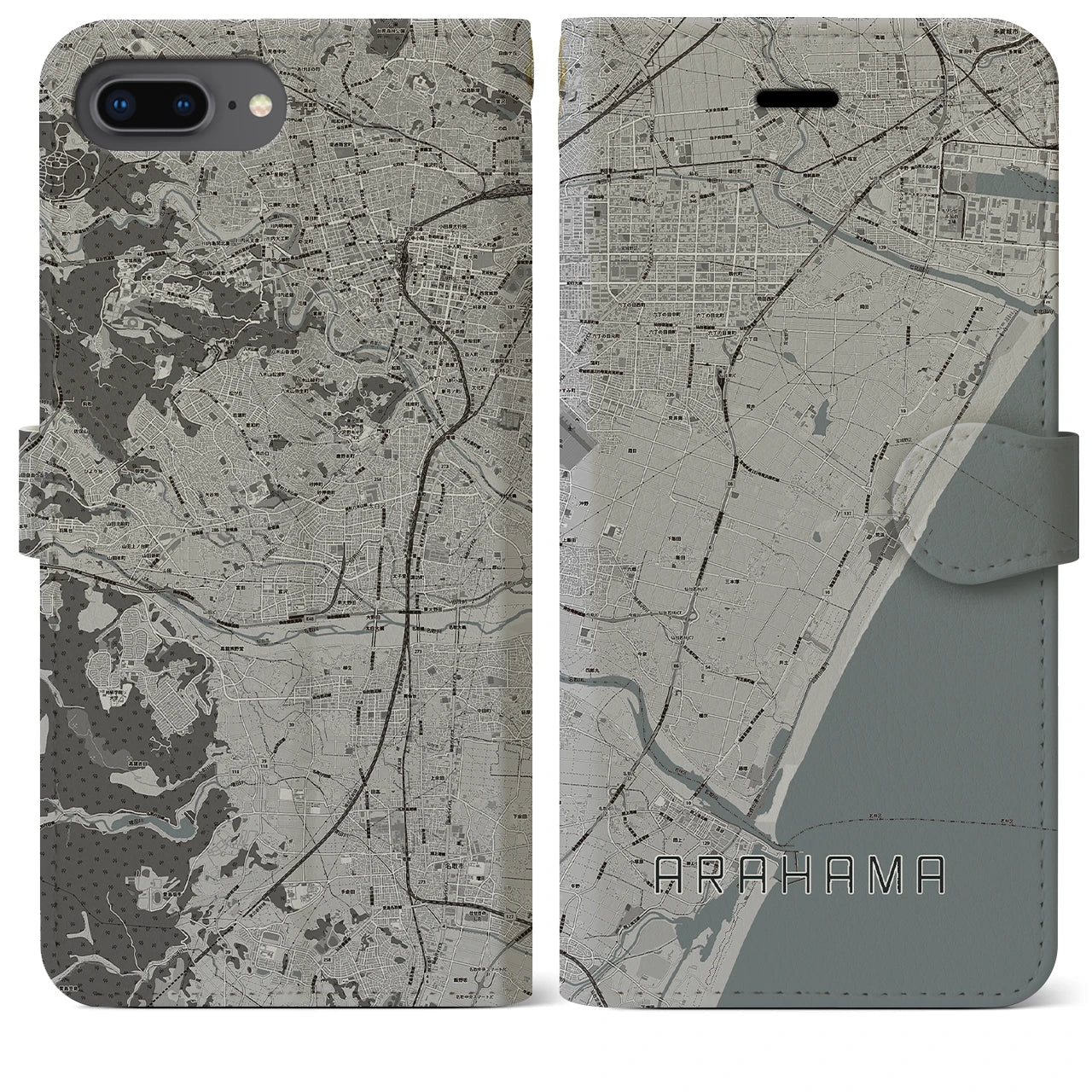【荒浜】地図柄iPhoneケース（手帳両面タイプ・モノトーン）iPhone 8Plus /7Plus / 6sPlus / 6Plus 用