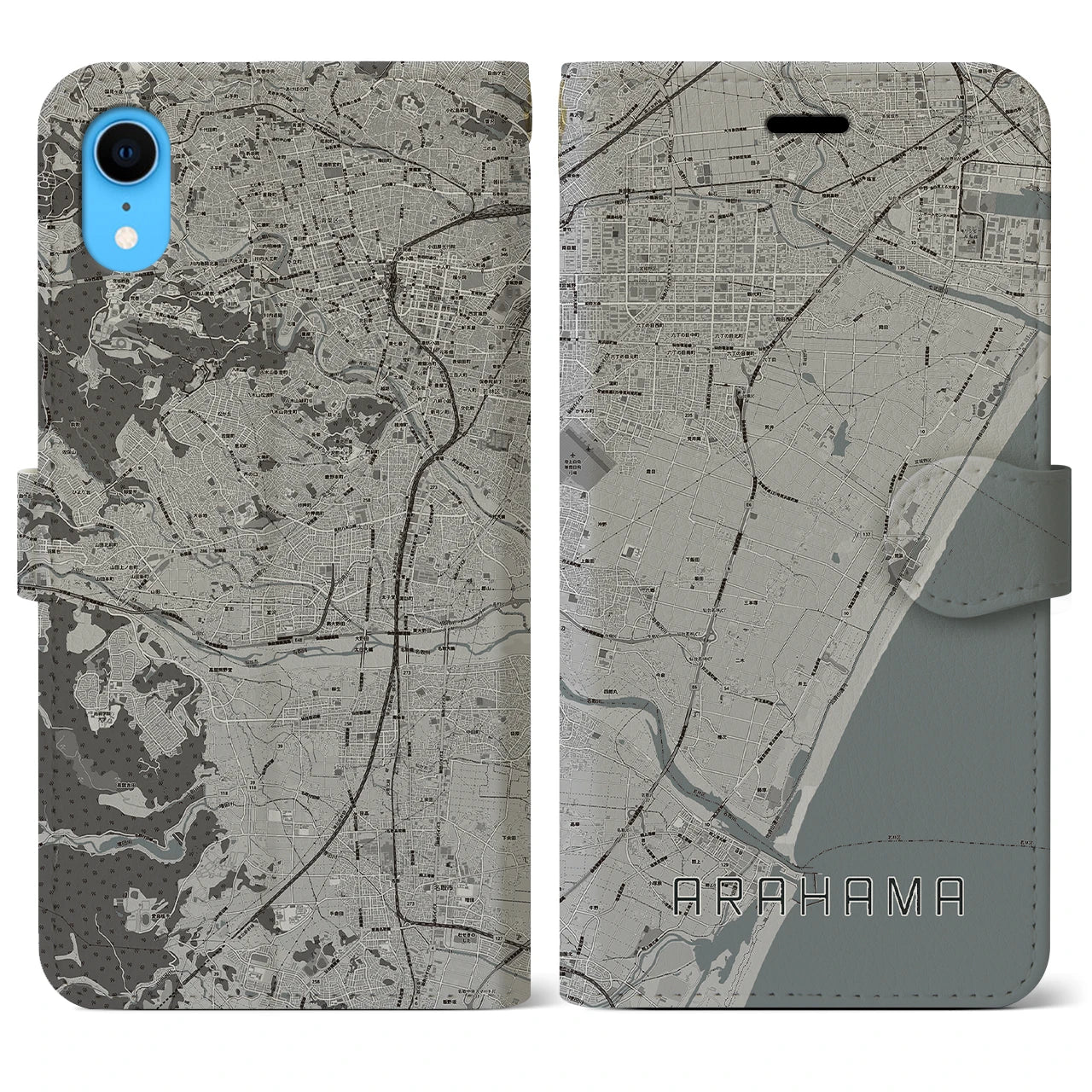 【荒浜】地図柄iPhoneケース（手帳両面タイプ・モノトーン）iPhone XR 用