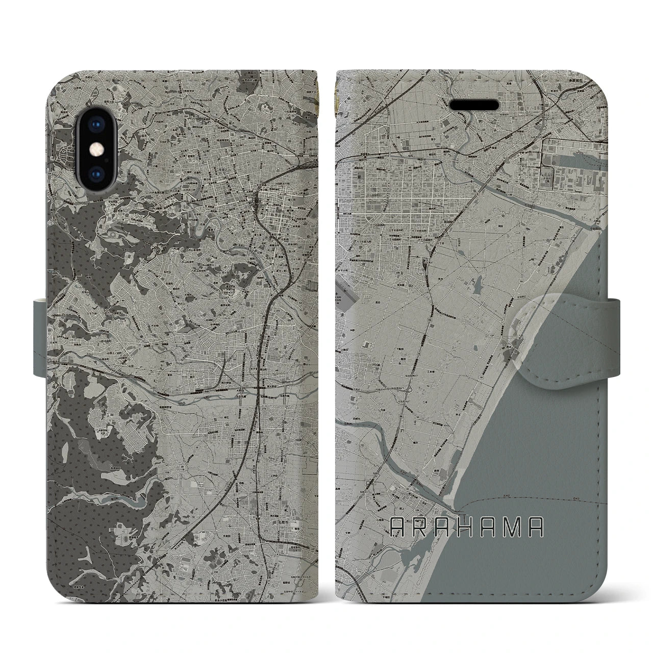 【荒浜】地図柄iPhoneケース（手帳両面タイプ・モノトーン）iPhone XS / X 用