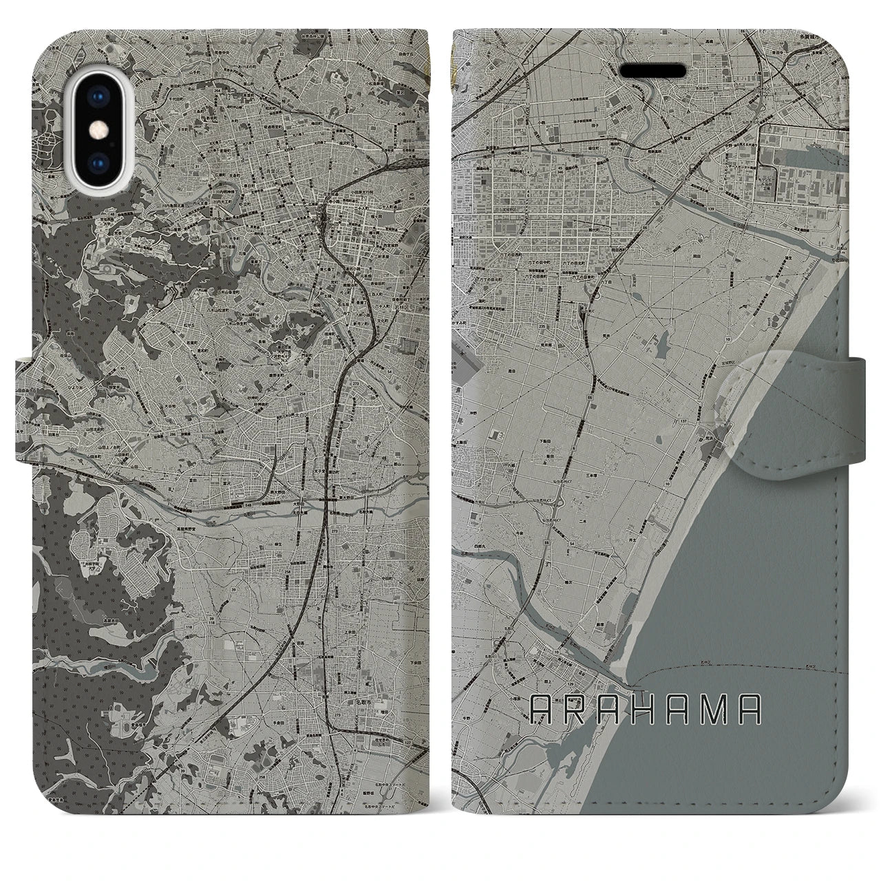 【荒浜】地図柄iPhoneケース（手帳両面タイプ・モノトーン）iPhone XS Max 用