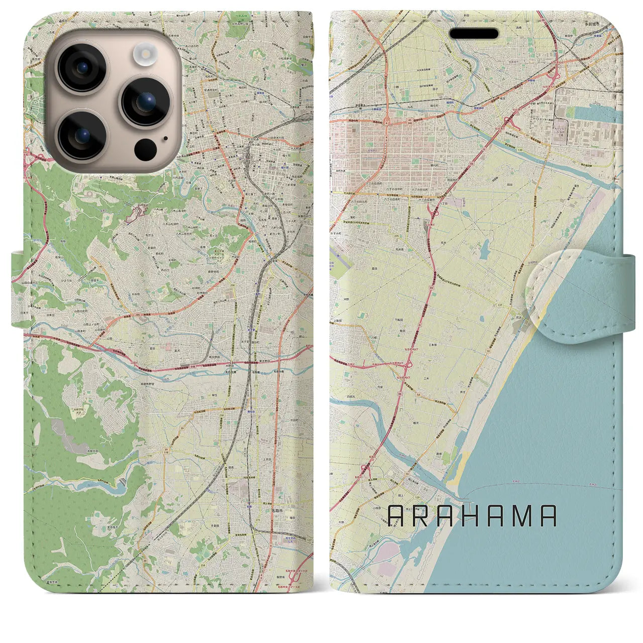 【荒浜（宮城県）】地図柄iPhoneケース（手帳タイプ）ナチュラル・iPhone 16 Plus 用