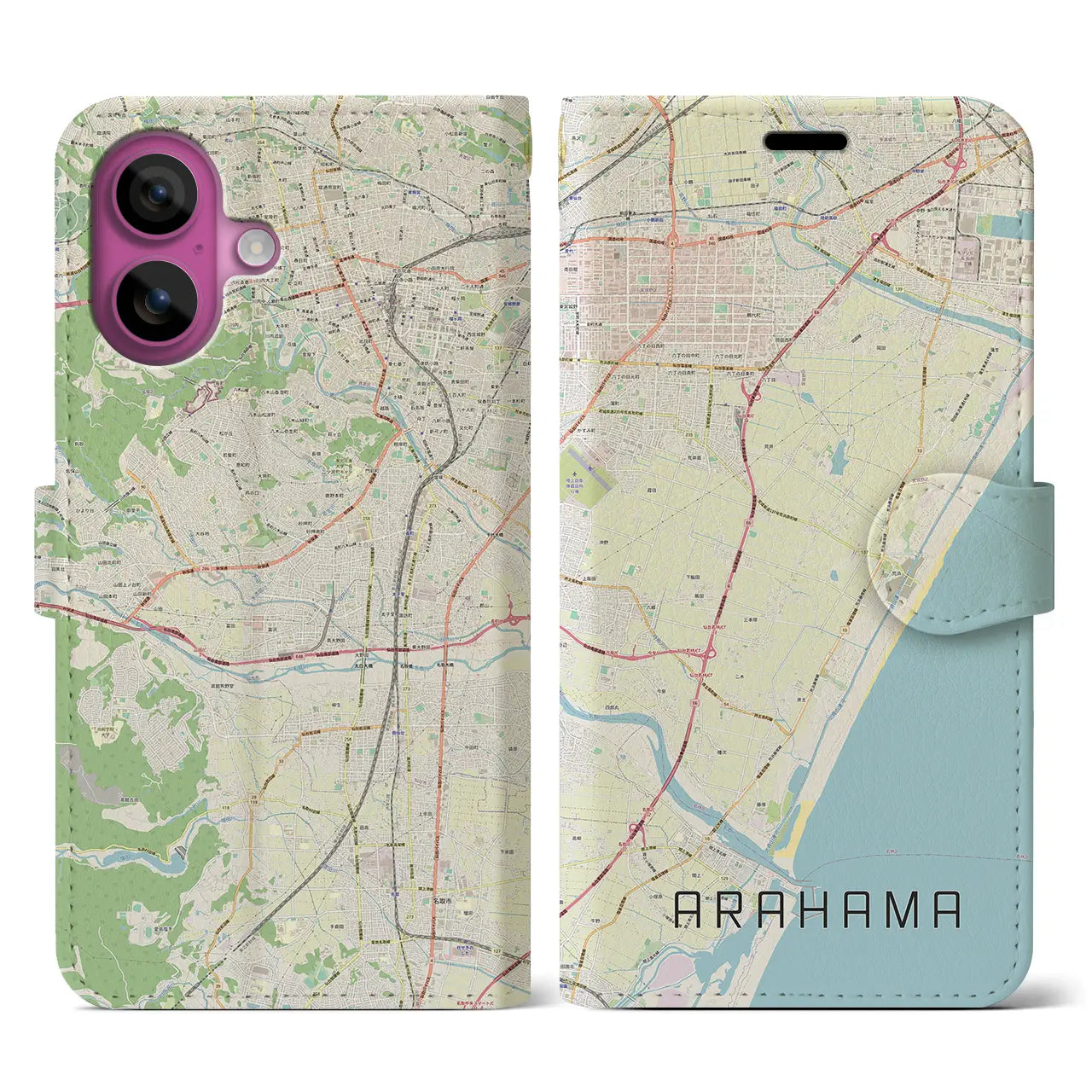 【荒浜（宮城県）】地図柄iPhoneケース（手帳タイプ）ナチュラル・iPhone 16 Pro 用