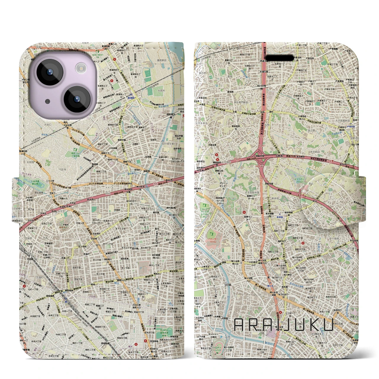 【新井宿（埼玉県）】地図柄iPhoneケース（手帳タイプ）