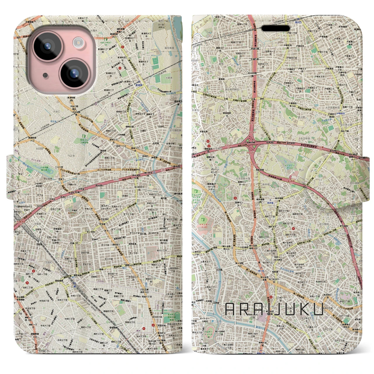【新井宿（埼玉県）】地図柄iPhoneケース（手帳タイプ）
