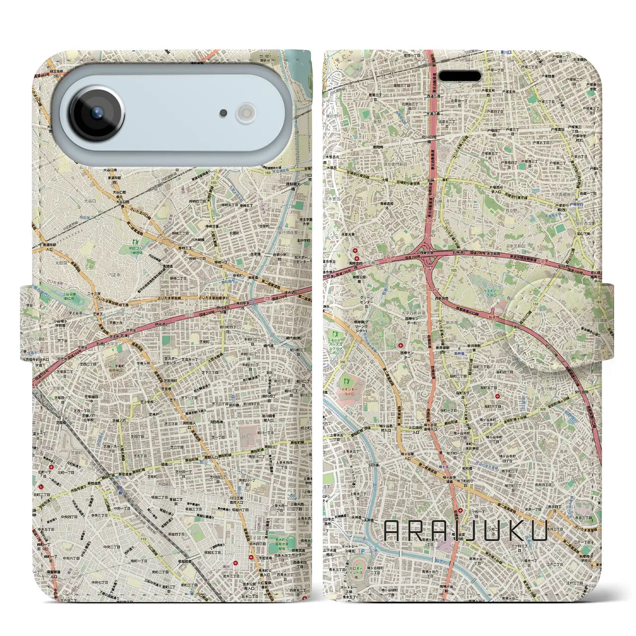 【新井宿（埼玉県）】地図柄iPhoneケース（手帳タイプ）ナチュラル・iPhone 17 Pro Max 用