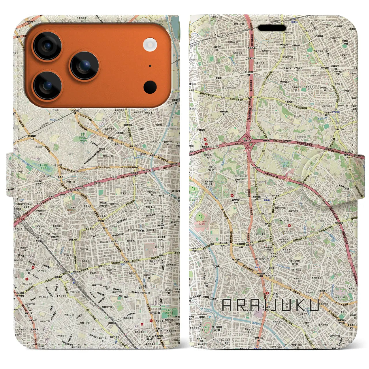 【新井宿（埼玉県）】地図柄iPhoneケース（手帳タイプ）モノトーン・iPhone 17 Pro Max 用