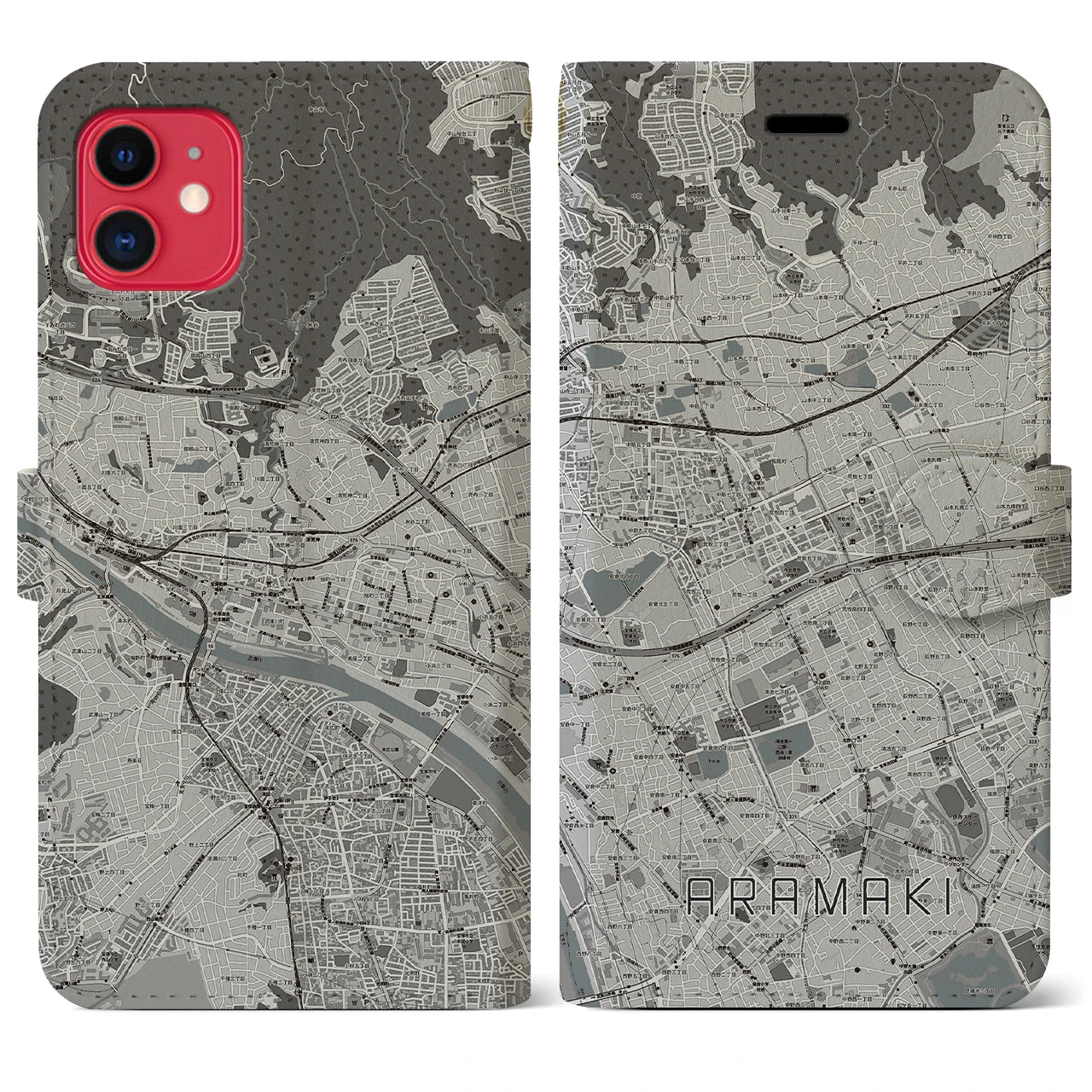 【荒牧】地図柄iPhoneケース（手帳両面タイプ・モノトーン）iPhone 11 用