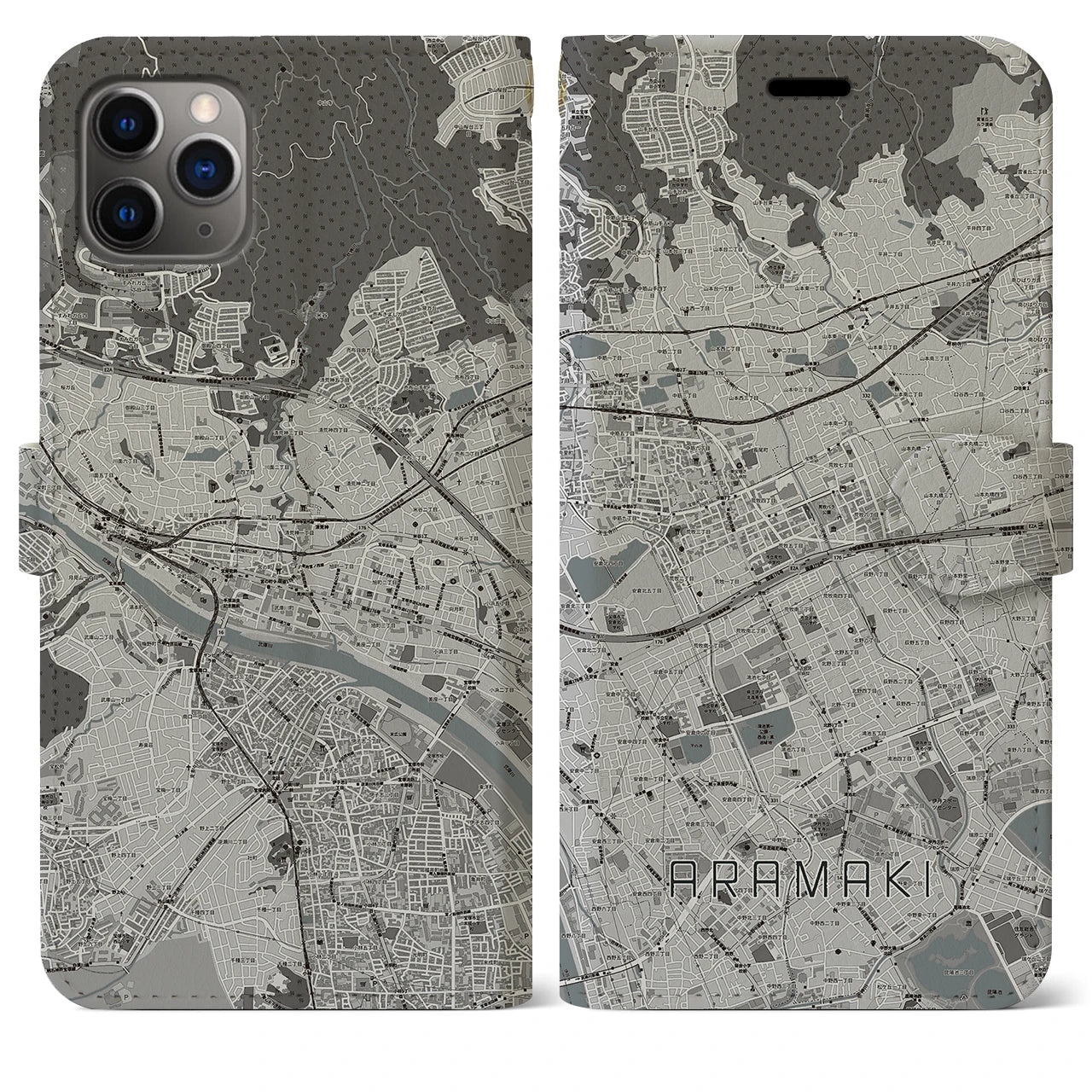 【荒牧】地図柄iPhoneケース（手帳両面タイプ・モノトーン）iPhone 11 Pro Max 用