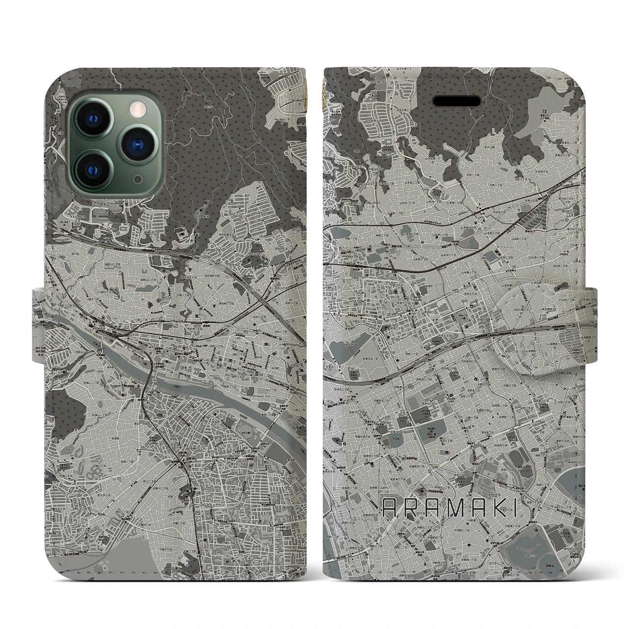 【荒牧】地図柄iPhoneケース（手帳両面タイプ・モノトーン）iPhone 11 Pro 用