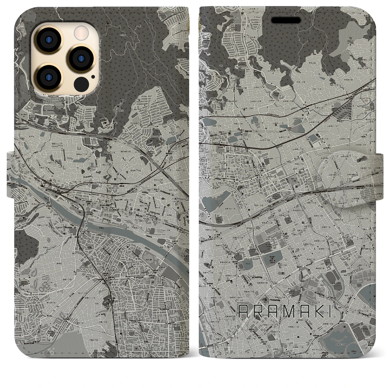 【荒牧】地図柄iPhoneケース（手帳両面タイプ・モノトーン）iPhone 12 Pro Max 用