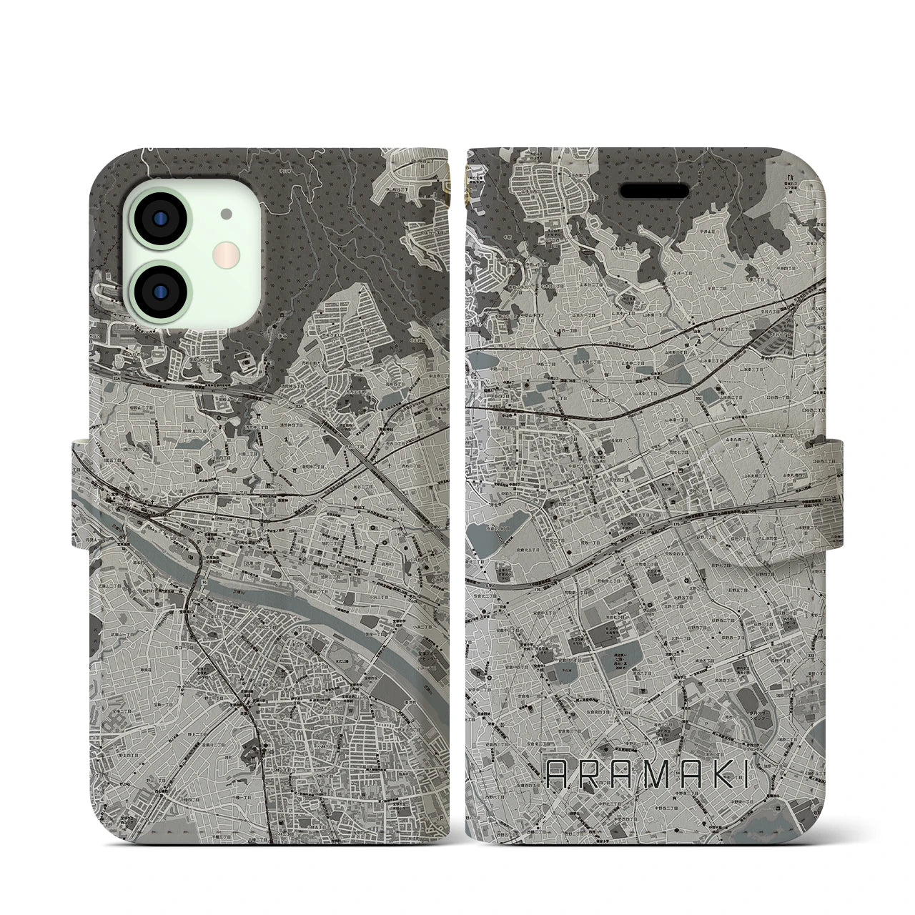 【荒牧】地図柄iPhoneケース（手帳両面タイプ・モノトーン）iPhone 12 mini 用