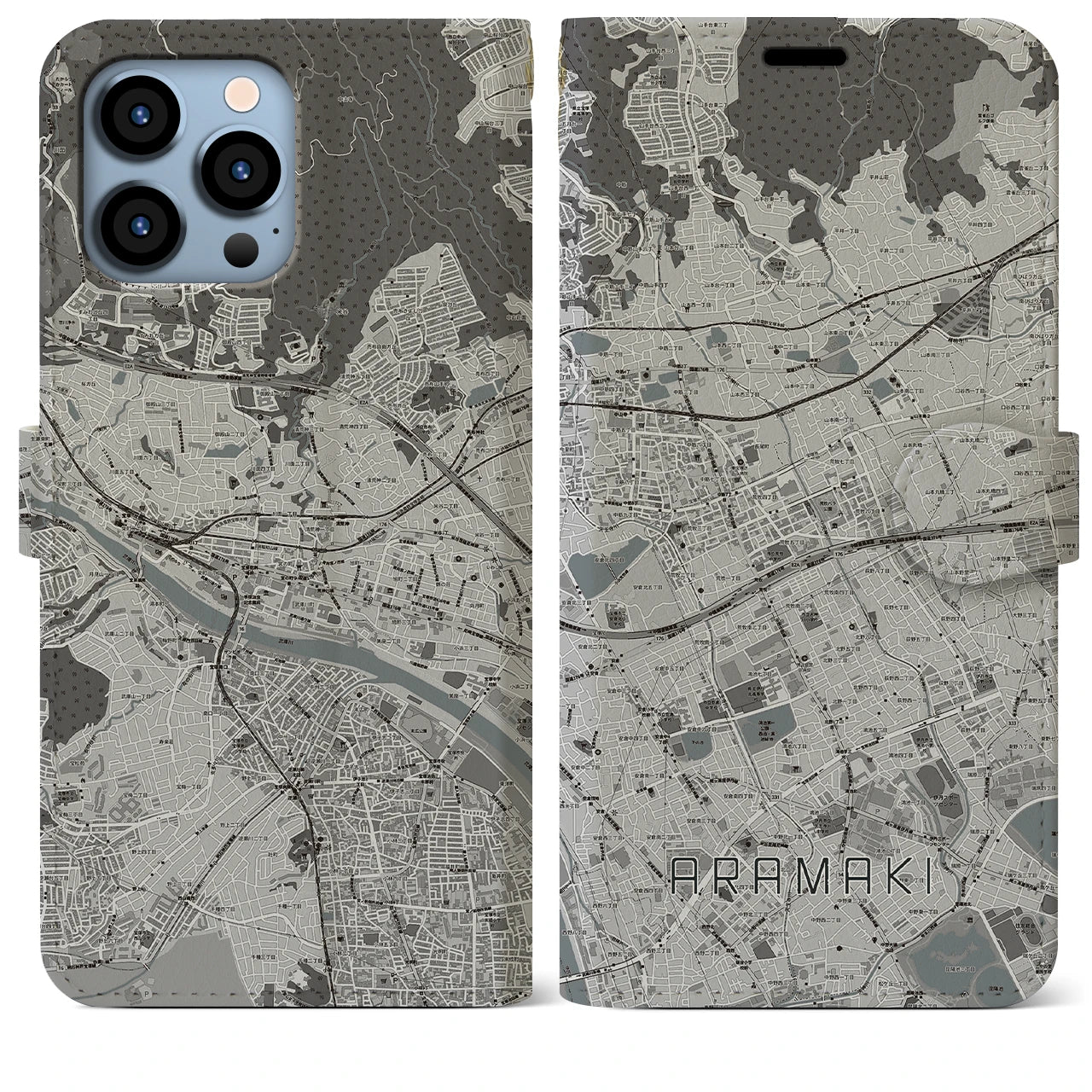 【荒牧】地図柄iPhoneケース（手帳両面タイプ・モノトーン）iPhone 13 Pro Max 用