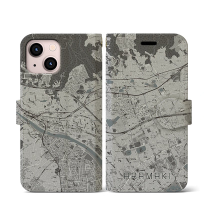 【荒牧（兵庫県）】地図柄iPhoneケース（手帳タイプ）モノトーン・iPhone 13 mini 用