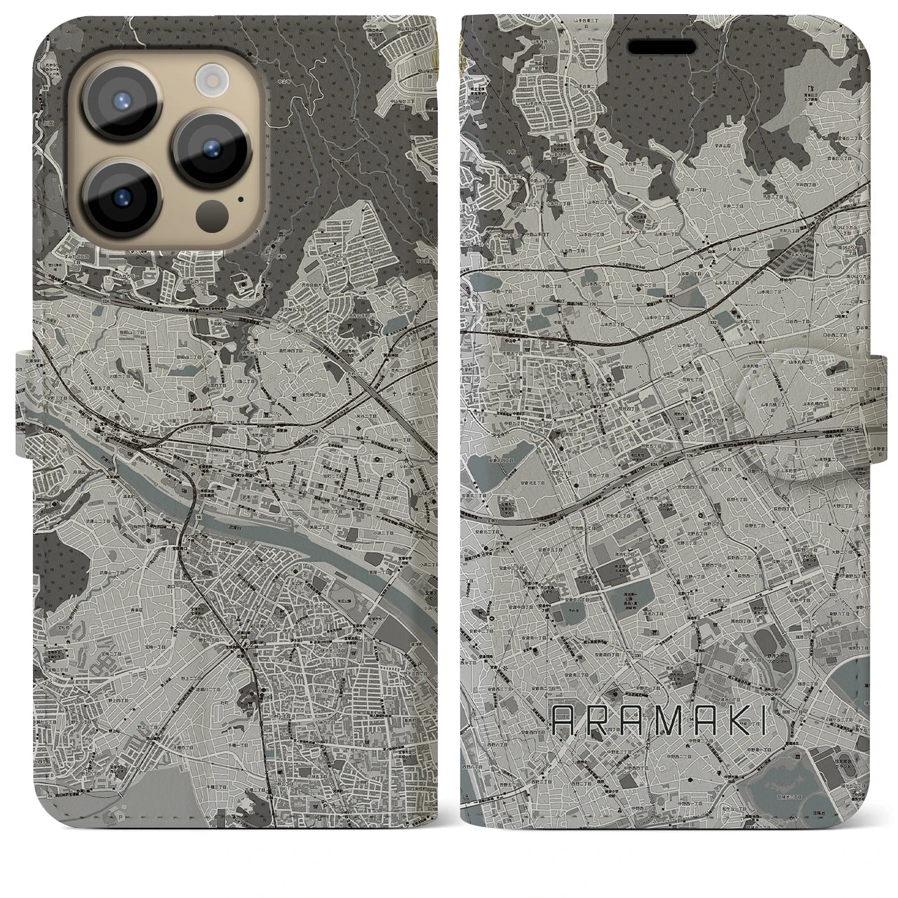 【荒牧】地図柄iPhoneケース（手帳両面タイプ・モノトーン）iPhone 14 Pro Max 用
