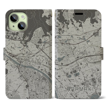 【荒牧（兵庫県）】地図柄iPhoneケース（手帳タイプ）モノトーン・iPhone 15 用