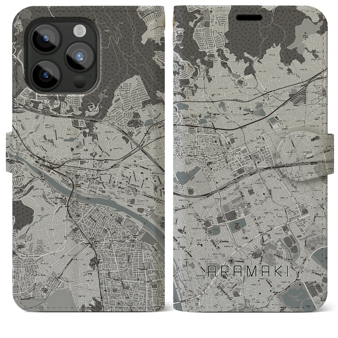 【荒牧】地図柄iPhoneケース（手帳両面タイプ・モノトーン）iPhone 15 Pro Max 用