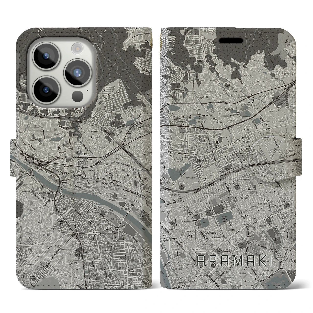 【荒牧】地図柄iPhoneケース（手帳両面タイプ・モノトーン）iPhone 15 Pro 用