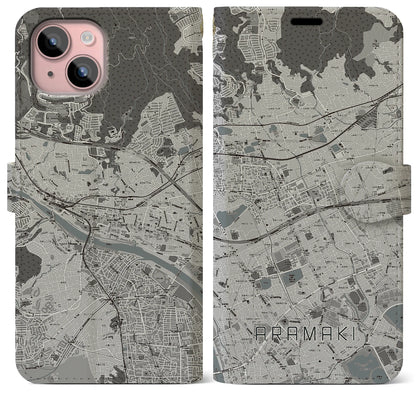 【荒牧（兵庫県）】地図柄iPhoneケース（手帳タイプ）モノトーン・iPhone 15 Plus 用